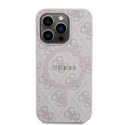 Apple iPhone 15 Pro Case Guess Original Licensed Magsafe Charging Featured PU Ring 4G Patterned Text Logo Cover Pink