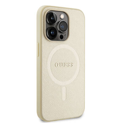 Apple iPhone 15 Pro Case Guess Original Licensed Magsafe Charging Featured Saffiano Cover with Text Logo Cream