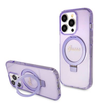 Apple iPhone 15 Pro Case Guess Original Licensed Magsafe Charging Featured Silvery Back Surface Ring Stand Cover Purple