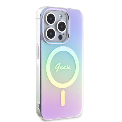 Apple iPhone 15 Pro Case Guess Original Licensed Magsafe Iridescent Cover with Charging Feature and Text Logo Purple