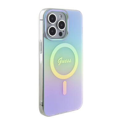 Apple iPhone 15 Pro Case Guess Original Licensed Magsafe Iridescent Cover with Charging Feature and Text Logo Turquoise