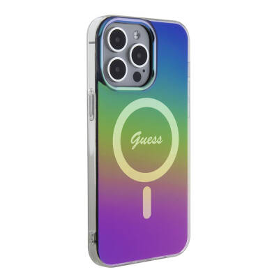 Apple iPhone 15 Pro Case Guess Original Licensed Magsafe Iridescent Cover with Charging Feature and Text Logo Black