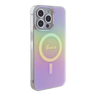 Apple iPhone 15 Pro Case Guess Original Licensed Magsafe Iridescent Cover with Charging Feature and Text Logo Pink