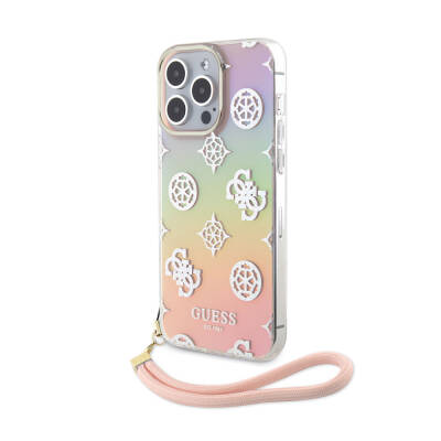 Apple iPhone 15 Pro Case Guess Original Licensed Patterned Text Logo Holographic Glitter Peony Cover with Strap String Pink