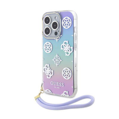 Apple iPhone 15 Pro Case Guess Original Licensed Patterned Text Logo Holographic Glitter Peony Cover with Strap String Purple