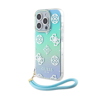 Apple iPhone 15 Pro Case Guess Original Licensed Patterned Text Logo Holographic Glitter Peony Cover with Strap String Turquoise