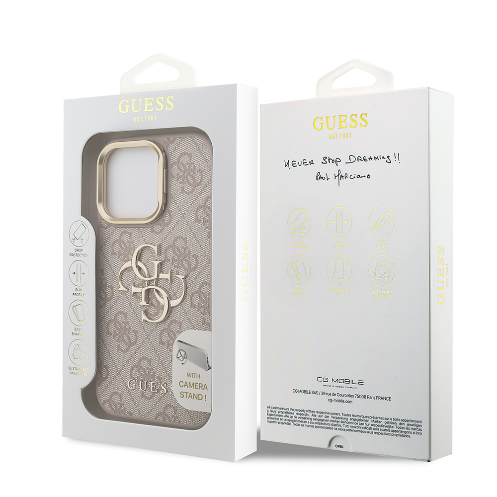 Apple iPhone 15 Pro Case Guess Original Licensed PU Leather 4G Patterned Metal Big 4G and Text Logo Camera Stand Cover - 18