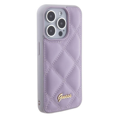 Apple iPhone 15 Pro Case Guess Original Licensed PU Leather Metal Text Logo Quilted Cover Açık Mor