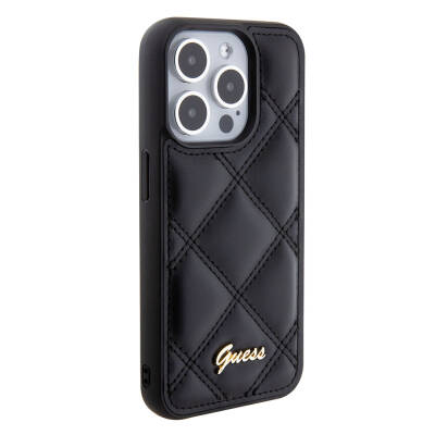 Apple iPhone 15 Pro Case Guess Original Licensed PU Leather Metal Text Logo Quilted Cover Black