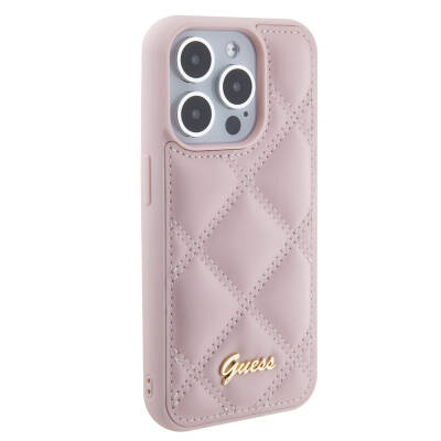 Apple iPhone 15 Pro Case Guess Original Licensed PU Leather Metal Text Logo Quilted Cover Pink