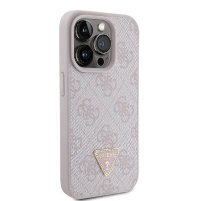 Apple iPhone 15 Pro Case Guess Original Licensed PU Leather Stoned Triangle Logo 4G Patterned Strass Cover Pink