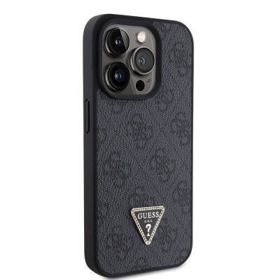 Apple iPhone 15 Pro Case Guess Original Licensed PU Leather Stoned Triangle Logo 4G Patterned Strass Cover Black