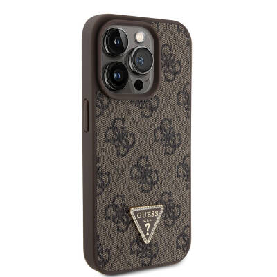 Apple iPhone 15 Pro Case Guess Original Licensed PU Leather Stoned Triangle Logo 4G Patterned Strass Cover Brown