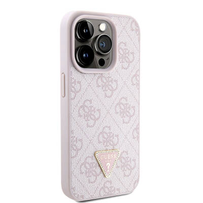 Apple iPhone 15 Pro Case Guess Original Licensed PU Leather Strap Stony Triangle Logo 4G Patterned Strass Crossbody Cover Pink