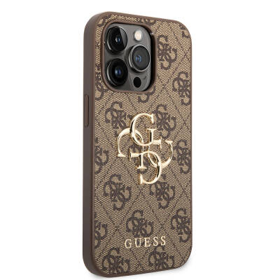 Apple iPhone 15 Pro Case Guess Original Licensed PU Leather Text and 4G Metal Logo Patterned Cover Brown