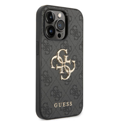 Apple iPhone 15 Pro Case Guess Original Licensed PU Leather Text and 4G Metal Logo Patterned Cover Grey