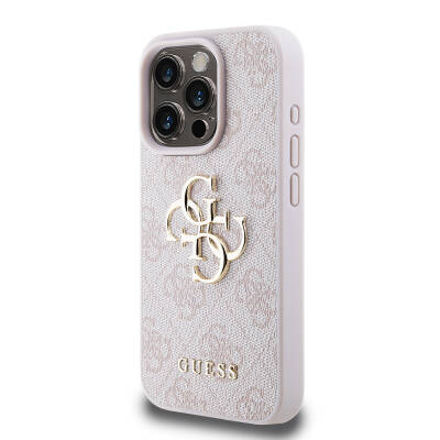 Apple iPhone 15 Pro Case Guess Original Licensed PU Leather Text and 4G Metal Logo Patterned Cover Pink