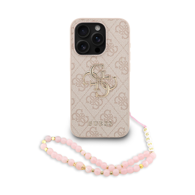 Apple iPhone 15 Pro Case Guess Original Licensed PU Leather Wrist Strap Rope Metal Large 4G and Text Logo Cover Pink