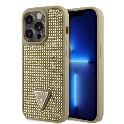 Apple iPhone 15 Pro Case Guess Original Licensed Stone Back Surface Cover with Triangle Logo Gold