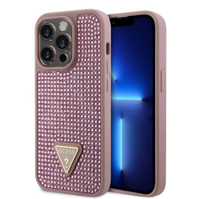 Apple iPhone 15 Pro Case Guess Original Licensed Stone Back Surface Cover with Triangle Logo Pink