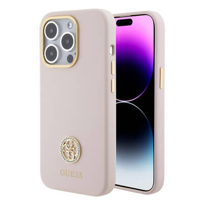 Apple iPhone 15 Pro Case Guess Original Licensed Text and Stoned 4G Logo Metal Camera Frame Silicone Cover Pink