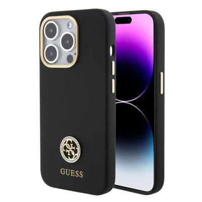 Apple iPhone 15 Pro Case Guess Original Licensed Text and Stoned 4G Logo Metal Camera Frame Silicone Cover Black