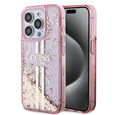 Apple iPhone 15 Pro Case Guess Original Licensed Transparent Liquid Glitter Gold Striped Cover Pink