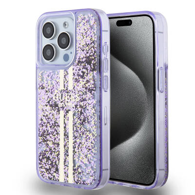 Apple iPhone 15 Pro Case Guess Original Licensed Transparent Liquid Glitter Gold Striped Cover Purple