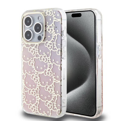 Apple iPhone 15 Pro Case Hello Kitty Original Licensed Color Transition Electroplating Coating Kitty Head Patterned Cover Pink