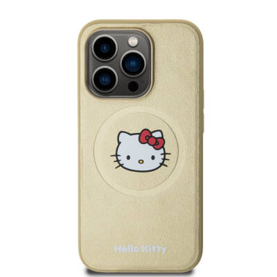 Apple iPhone 15 Pro Case Hello Kitty Original Licensed Magsafe Charge Kitty Head Leather Cover Gold