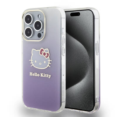 Apple iPhone 15 Pro Case Hello Kitty Original Licensed Text and Iconic Logo Electroplating Coating Gradient Cover Purple