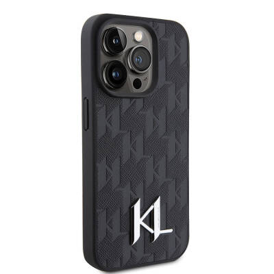 Apple iPhone 15 Pro Case Karl Lagerfeld Hot Stamp K&L Metal Logo Original Licensed Cover Black