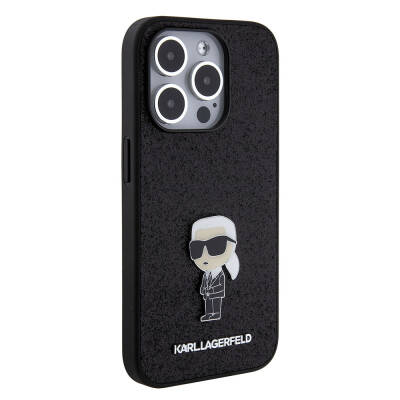 Apple iPhone 15 Pro Case Karl Lagerfeld Iconic Fixed Glitter Metal Logo Original Licensed Cover Black