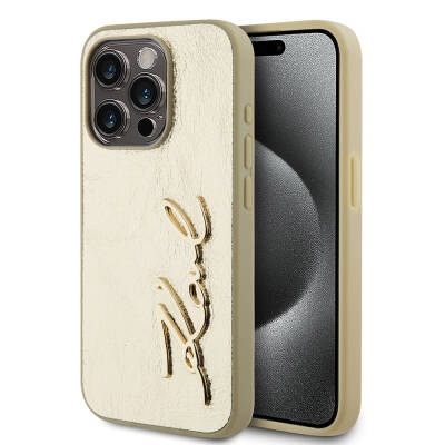 Apple iPhone 15 Pro Case Karl Lagerfeld Original Licensed 3D KL Written Furry Back Surface Saffiano Rhinestones Cover Gold