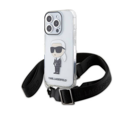 Apple iPhone 15 Pro Case Karl Lagerfeld Original Licensed Karl Iconic Crossbody Cover with Neck Strap Colorless