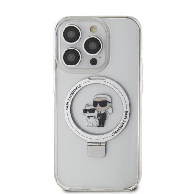 Apple iPhone 15 Pro Case Karl Lagerfeld Original Licensed Magsafe Charge K&C Iconic Printed Ring Stand Cover White