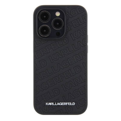 Apple iPhone 15 Pro Case Karl Lagerfeld Original Licensed Metal Text Logo Stitched Back Surface Quilted Cover Black