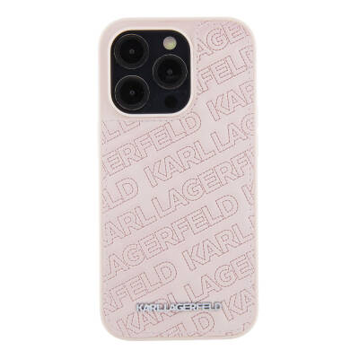 Apple iPhone 15 Pro Case Karl Lagerfeld Original Licensed Metal Text Logo Stitched Back Surface Quilted Cover Pink