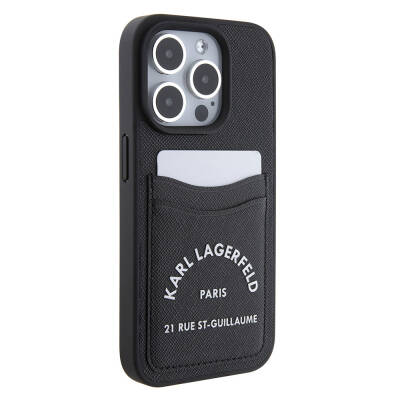 Apple iPhone 15 Pro Case Karl Lagerfeld Saffiano 3D RSG Logo Original Licensed Cover with Card Holder Black