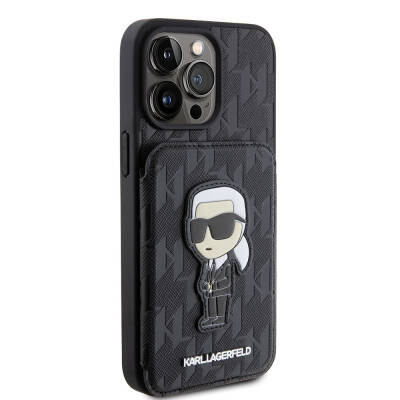 Apple iPhone 15 Pro Case Karl Lagerfeld Stand Card Holder Saffiano Monogram Iconic Metal Logo Original Licensed Cover Black