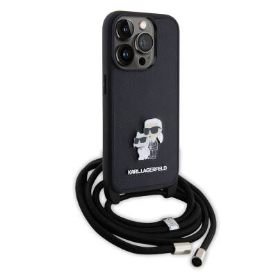 Apple iPhone 15 Pro Case Karl Lagerfeld Strap String K&C Metal Logo Original Licensed Cover Black