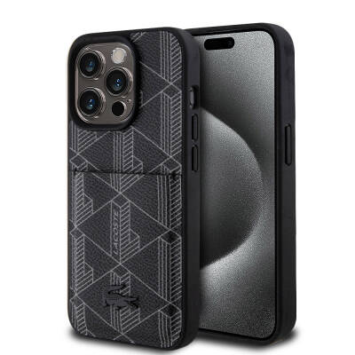 Apple iPhone 15 Pro Case Lacoste Original Licensed Magsafe Charging Featured PU Leather Look Mixed Monogram Patterned Cover with Card Holder Black