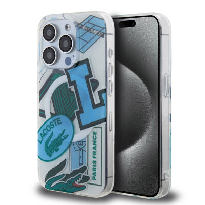 Apple iPhone 15 Pro Case Lacoste Original Licensed Magsafe Double Layer Patches Patterned Cover with Charging Feature Blue