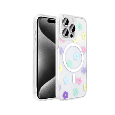 Apple iPhone 15 Pro Case M-Safe Charging Transparent Zore Folk Hard Cover Papatya