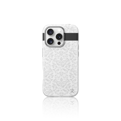 Apple iPhone 15 Pro Case Magsafe Charged Artificial Leather Design Patterned Pynana Print Series Cover White