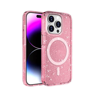 Apple iPhone 15 Pro Case Magsafe Charging Feature Shining Glitter Transparent Colored Zore Allstar Cover Pink