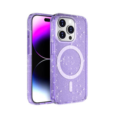 Apple iPhone 15 Pro Case Magsafe Charging Feature Shining Glitter Transparent Colored Zore Allstar Cover Purple