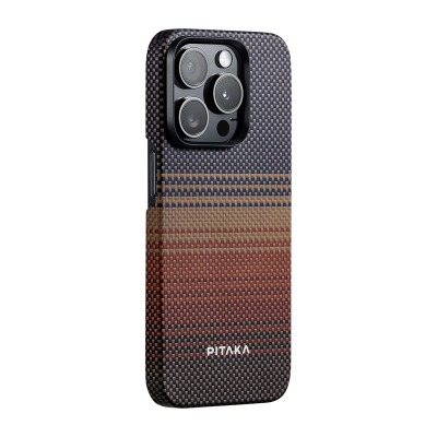 Apple iPhone 15 Pro Case Magsafe Charging Featured Aramid Fiber Pitaka Tactile Woven Sunset-Moonrise Series Sunset Cover Brown