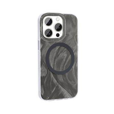 Apple iPhone 15 Pro Case Magsafe Charging Featured Brush Paint Patterned Zore Palette Cover Grey