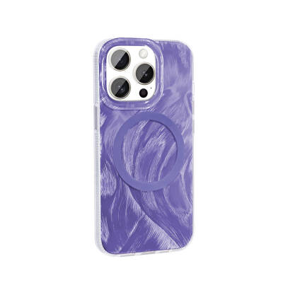 Apple iPhone 15 Pro Case Magsafe Charging Featured Brush Paint Patterned Zore Palette Cover Purple